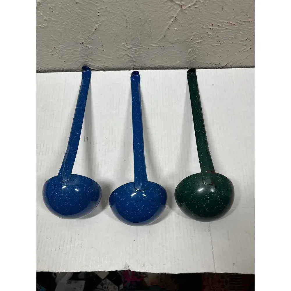 Vintage Enamelware Large Ladle Dipper Graniteware Speckled Blue 12 Inch lot of 3